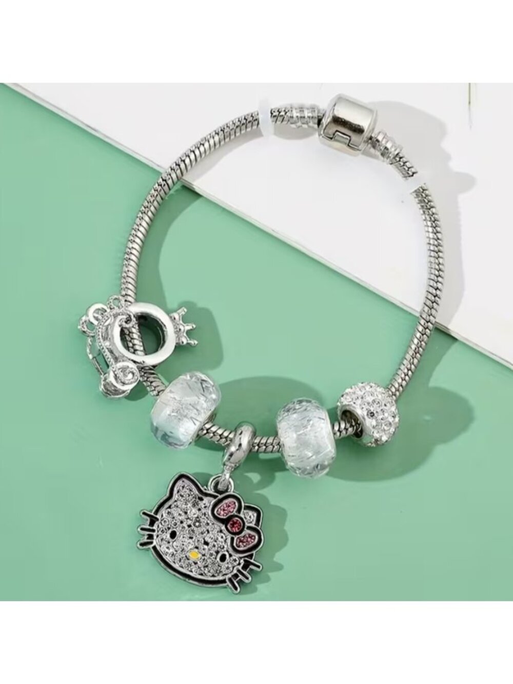 Hello Kitty Crystal Charm Bracelet Sparkle Beads, Silver‑Tone Snake Chain Gift
